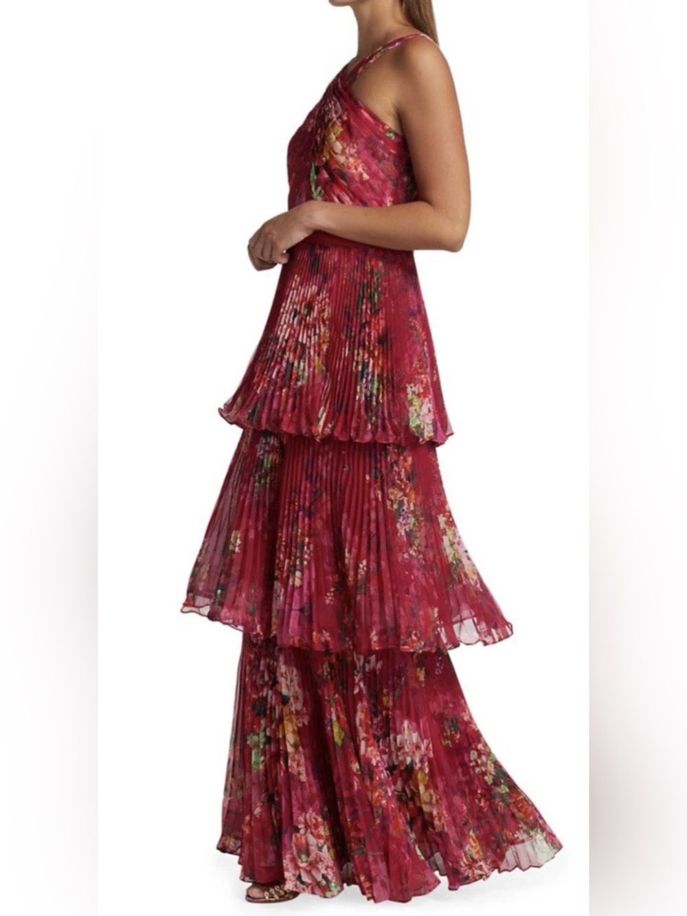 MARCHESA NOTTE Pleated Halter Floral Maxi Dress in Berry Sz 8 - Picture 2 of 9
